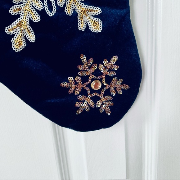 Midnight Blue Velveteen Christmas Hanging Stocking with Gold Sequined Snowflakes - Picture 3 of 9